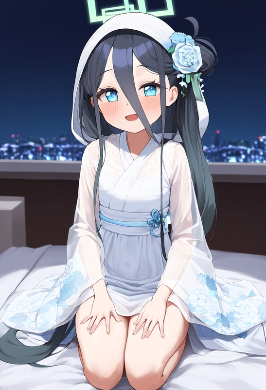 1girl, healthyman, aris (blue archive), blush, happy, hood, blue wedding kimono, s-366205502