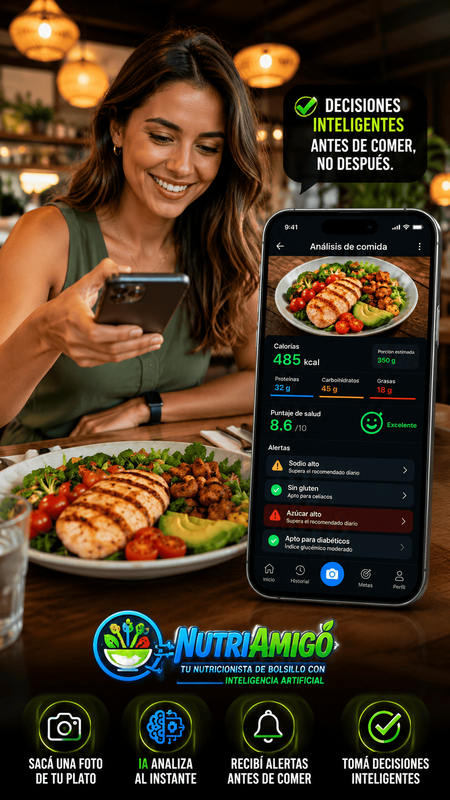 Persona en restaurante sonriendo mientras analiza su plato con NutriAmigo