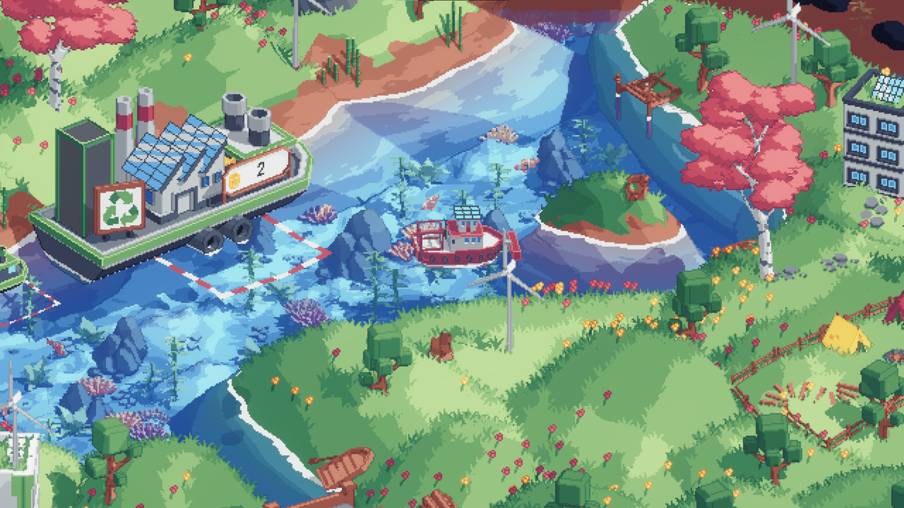 boat in clean water headed to recycling center. landscape surrounding water is lush and filled with plants and flowers and green grass