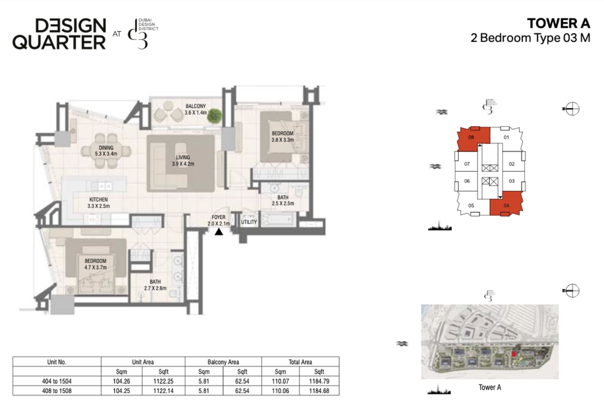 Detailed keyplan floor layout for a 2-bedroom apartment in Design Quarter - Tower A at Dubai Design District, illustrating the unit position and configuration for this Distress Deal property