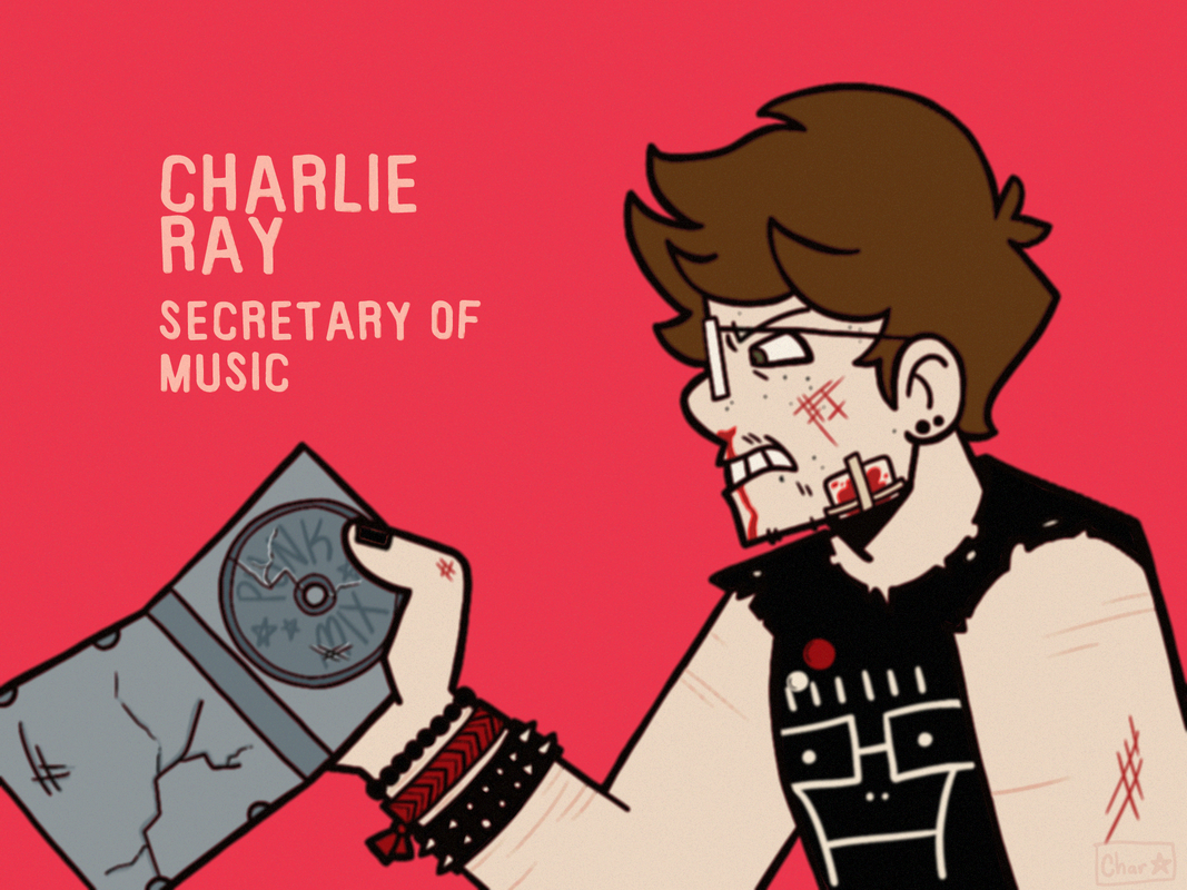 A digital drawing of the webmaster's self-insert styled as a Welcome to Eltingville titlecard. He holds a broken CD angrily, and has numerous injuries. He is on a bright red background, and text next to him reads "Charlie Ray. Secretary of Music."
