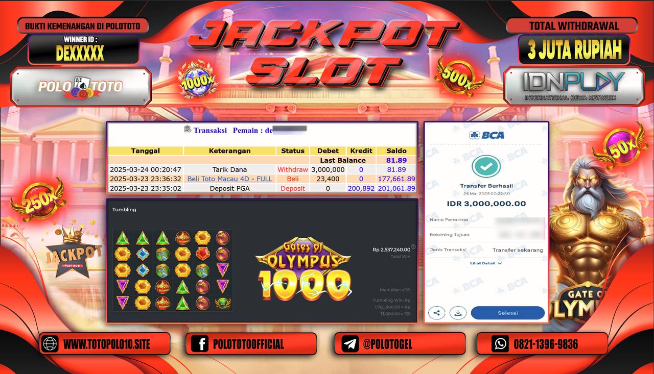 POLOTOTO JACKPOT SLOT GATES OF OLYMPUS 1000 Rp.3.000.000,-