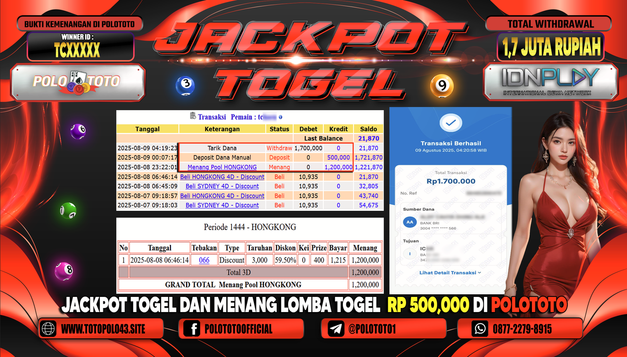 POLOTOTO JACKPOT TOGEL HONGKONG LOTTO Rp.1.700.000,-LUNAS
