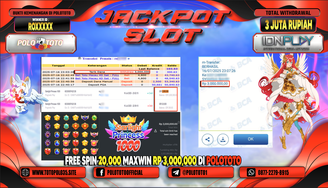 POLOTOTO JACKPOT SLOT STARLIGHT PRINCESS 1000 Rp.3.000.000,- LUNAS