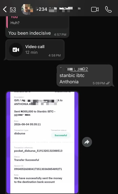 Anthonia's ₦300k rent balance transfer receipt