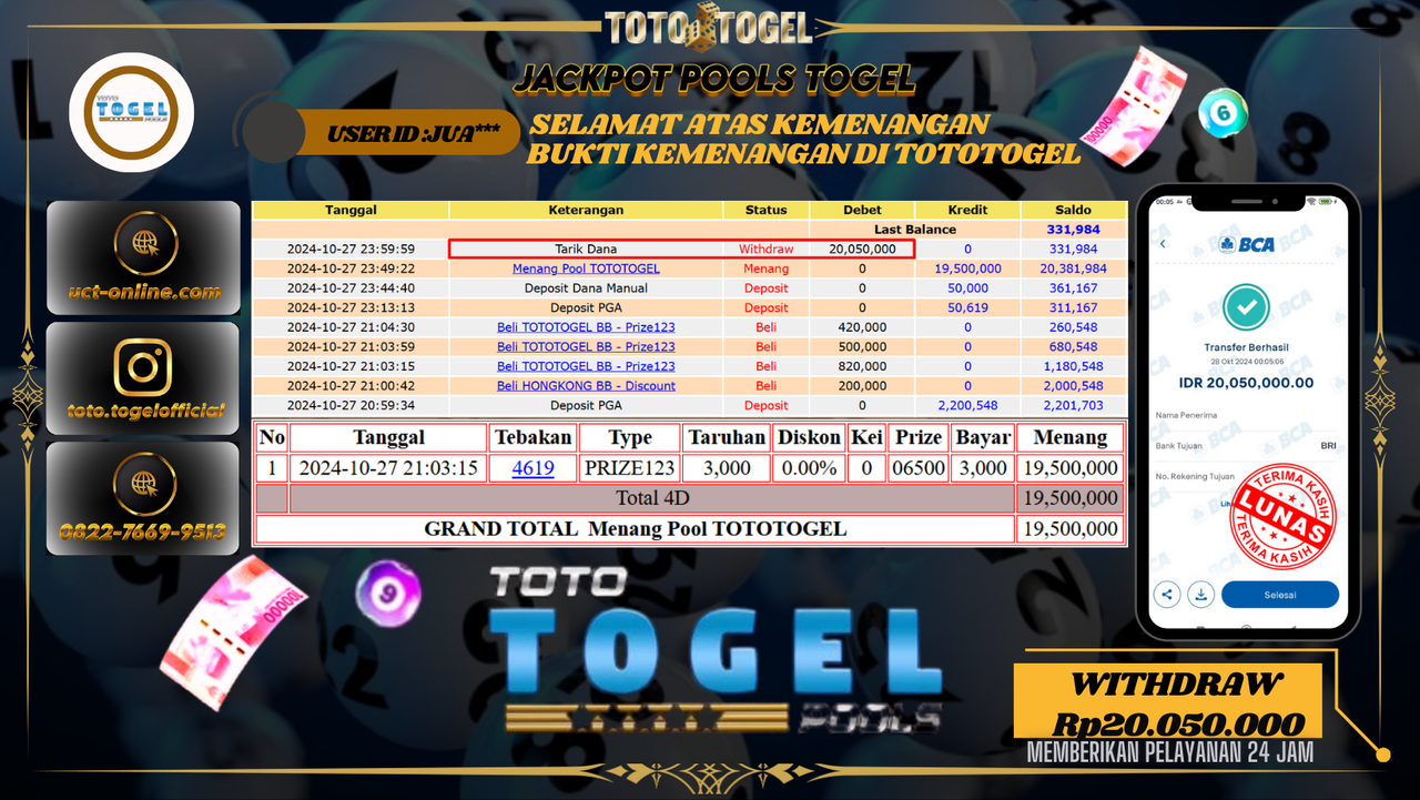 Bukti Pembayaran Permainan Jackpot Togel Pools TotoTogel ID : JUA*** LUNAS
