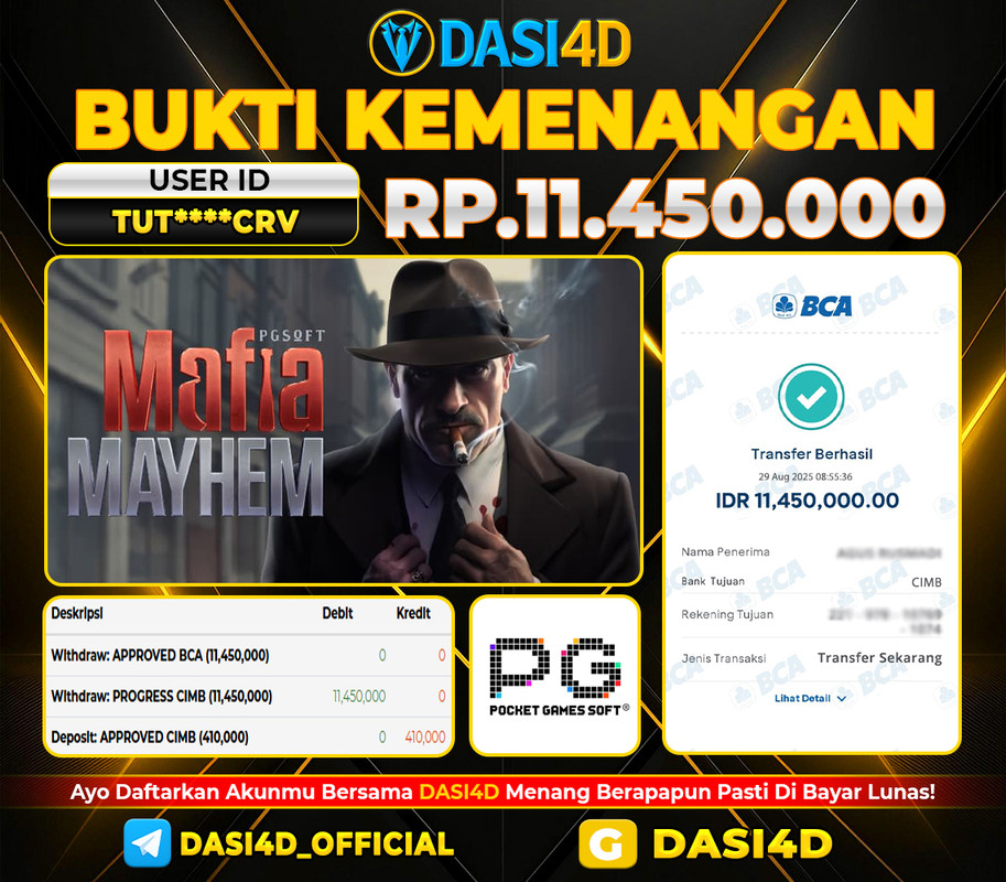 BUKTI KEMENANGAN 29 AGUSTUS 2025 DI  MAFIA MAYHEM  WD RP. 11.450.000