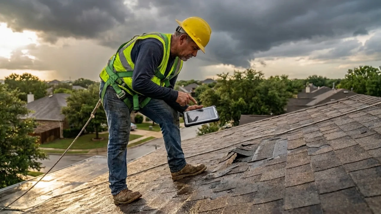 Licensed San Antonio roofing contractor performing emergency roof inspection after storm