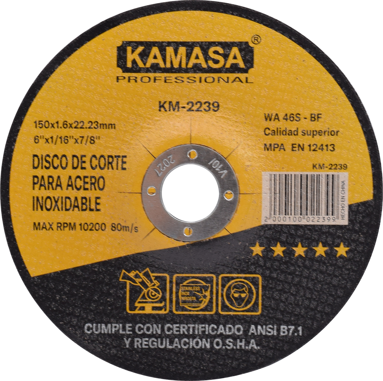 DISCO DE CORTE P/ACERO INOXIDABLE 150X1.6X22.23/6"X1/16"X7/8" KAMASA