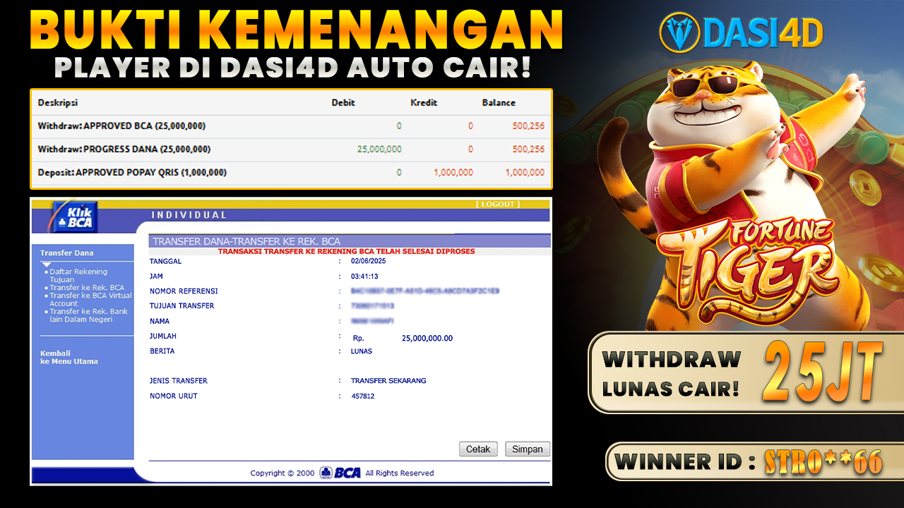 BUKTI KEMENANGAN 02 JUNI 2025 DI FORTUNE TIGER WD 25 JUTA