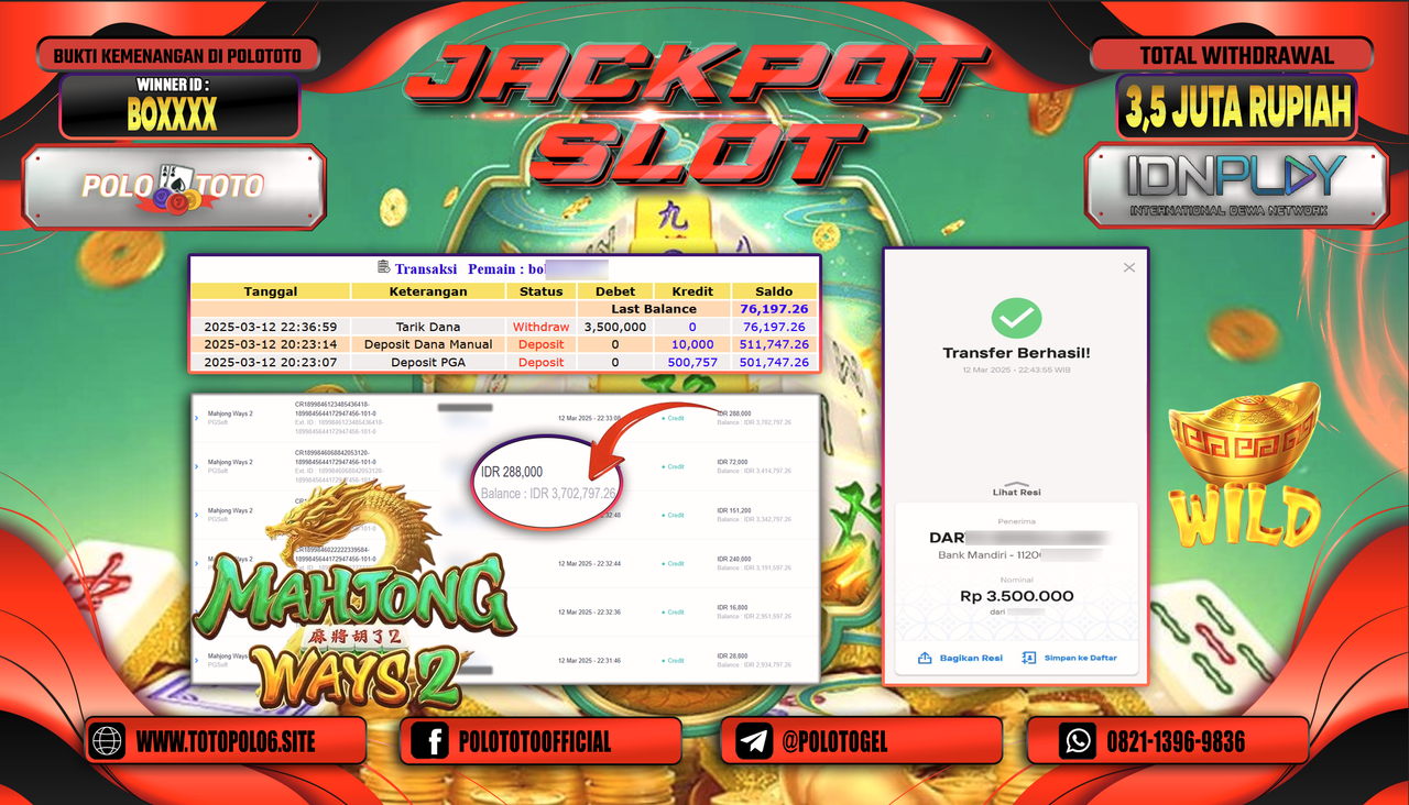 POLOTOTO JACKPOT SLOT MAHJONG WAYS 2 Rp.3.500.000,-