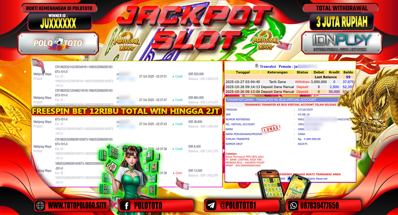POLOTOTO JACKPOT SLOT MAHJONG WAYS Rp.3.000.000,- LUNAS