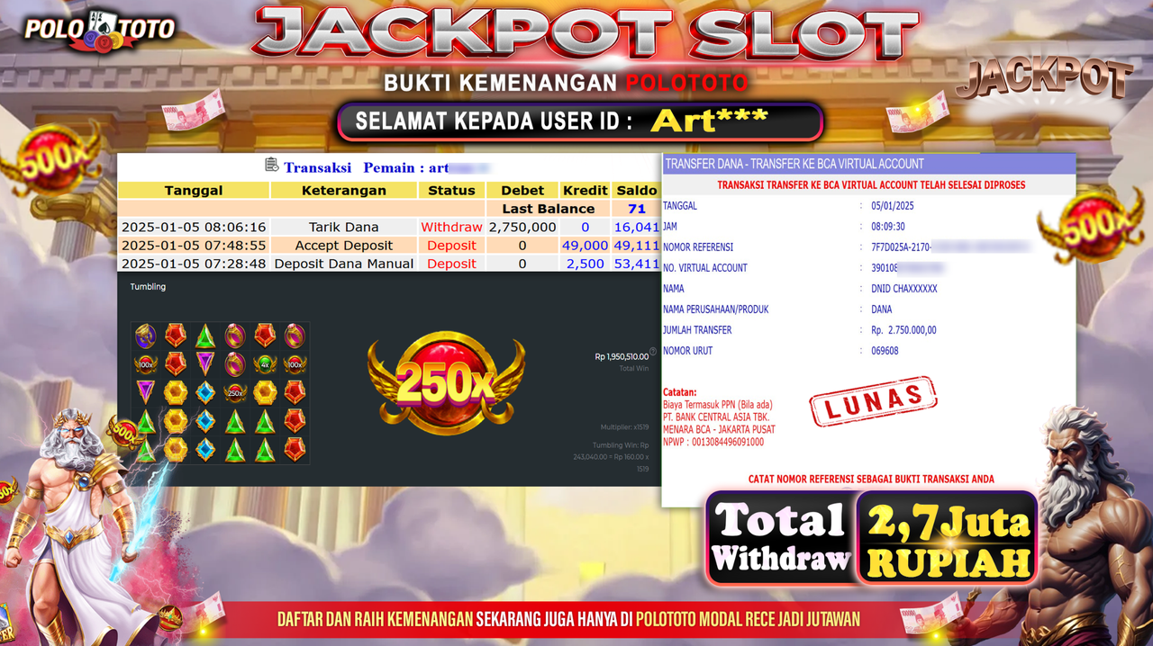 POLOTOTO JACKPOT SLOT GATES OF OLYMPUS Rp.2,750.000,-