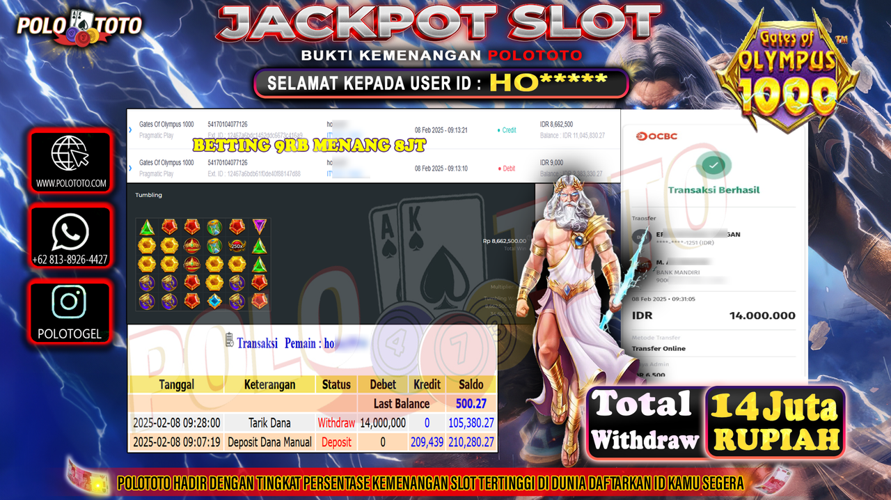 POLOTOTO JACKPOT SLOT GATES OF OLYMPUS 1000 Rp.14,000.000,-