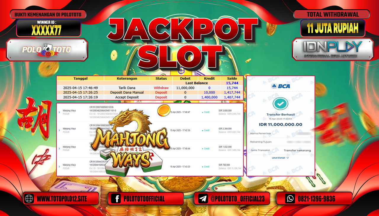 POLOTOTO JACKPOT SLOT MAHJONG WAYS Rp.11.000.000,- 