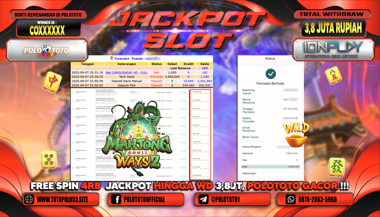POLOTOTO JACKPOT SLOT MAHJONG WAYS 2 Rp.3.800.000,-