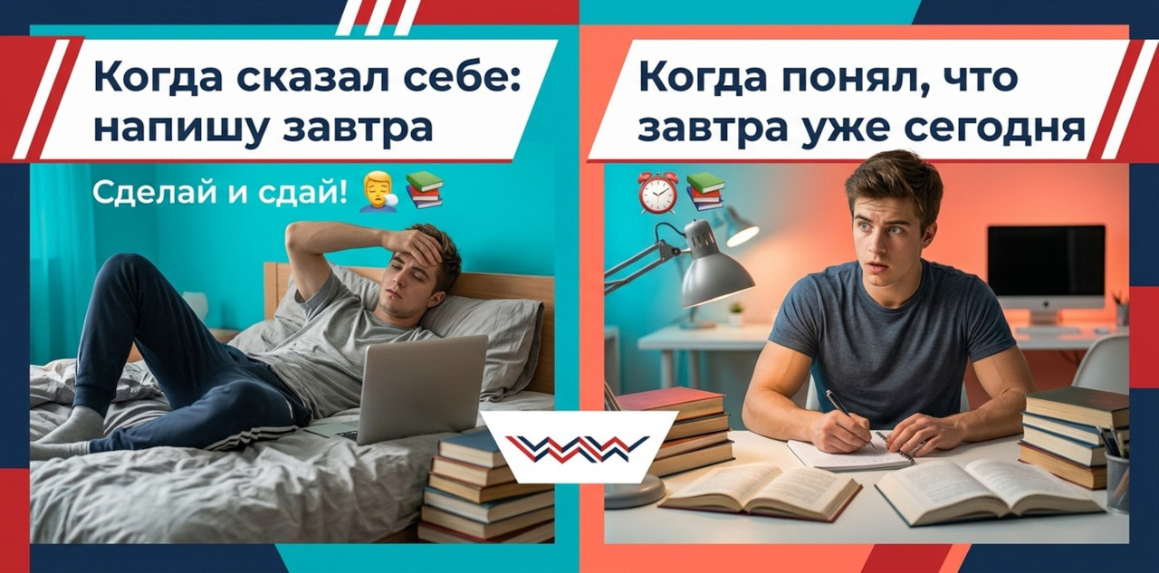 left side: a real student in sportswear lying on a bed