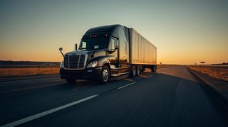 Freight semi-truck driving on a highway at sunset