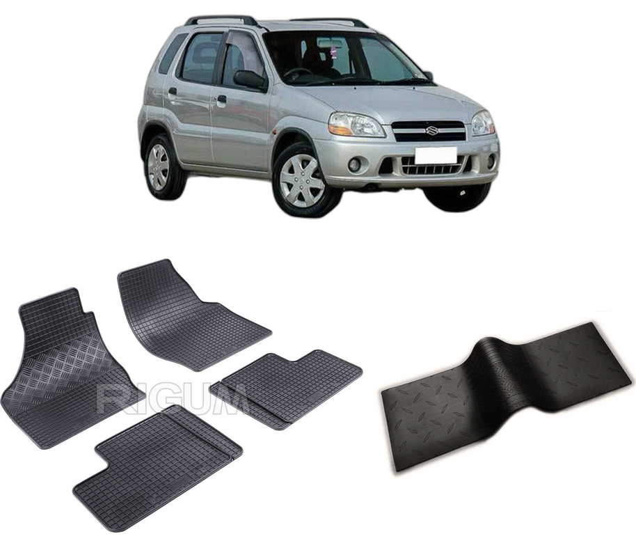 Set covorase auto SUZUKI IGNIS I din 2001-2008, cu covoras tunel median, CAROSERIE HATCHBACK, Presuri cauciuc 100%, compatibil cu autoturismul SUZUKI IGNIS I, Rigum