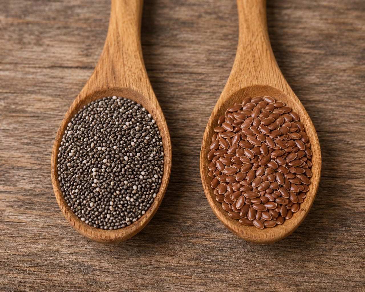 2 wooden spoons, one containing chia seeds, while the other has flexseeds.