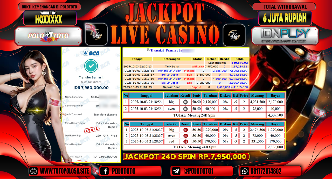 POLOTOTO JACKPOT LIVE CASINO MENANG 24D SPIN Rp.6.000.000,- LUNAS