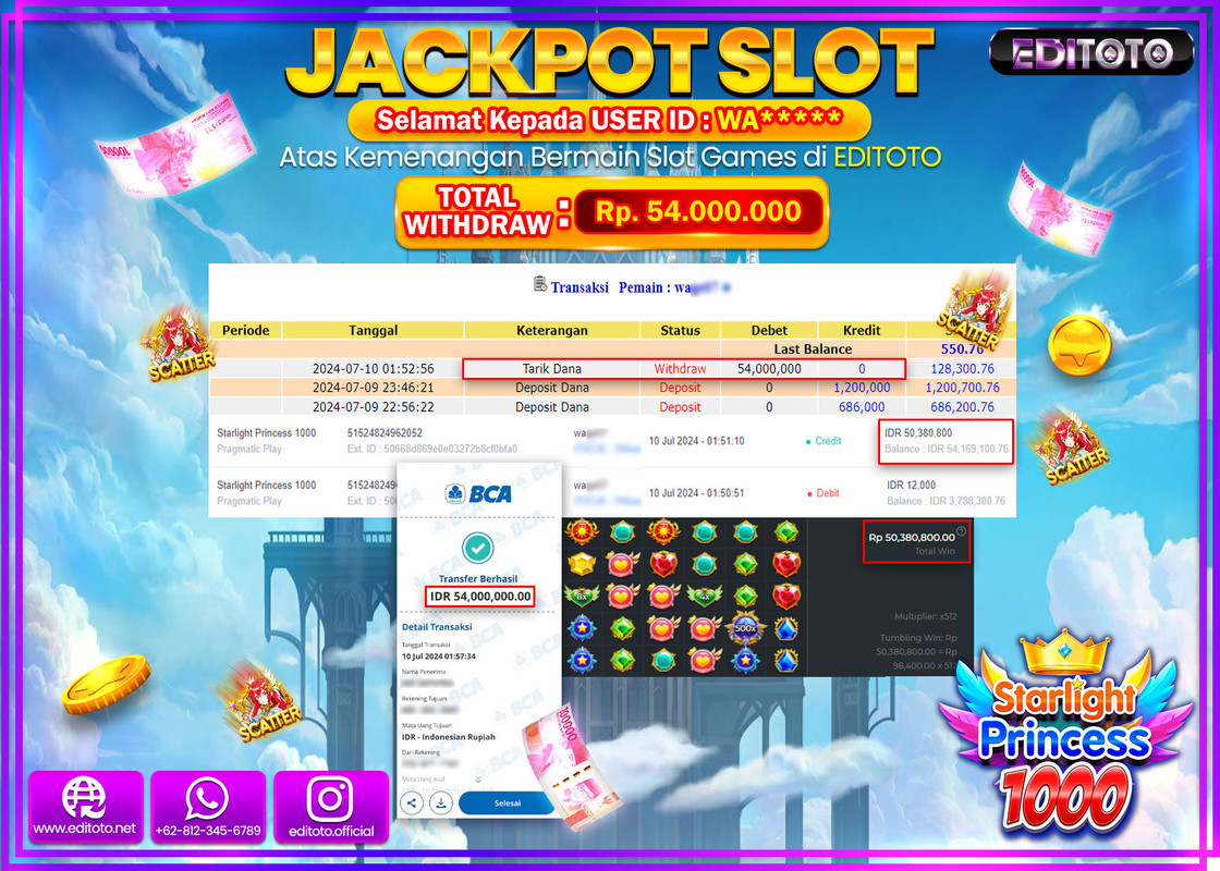 JACKPOT  SLOT EDITOTO STARLIGHT PRINCES 1000 Rp.54.000.000.,- LUNAS