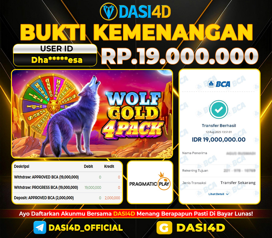 BUKTI KEMENANGAN 12 AGUSTUS 2025 DI WOLF GOLD 4 PACK WD 19.000.000