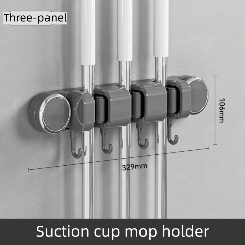 Grey Vacuum Suction Cup Mop & Broom Holder with 3 Roller Clips + 4 Hooks - Heavy Duty Waterproof Rack for Bathroom & Kitchen