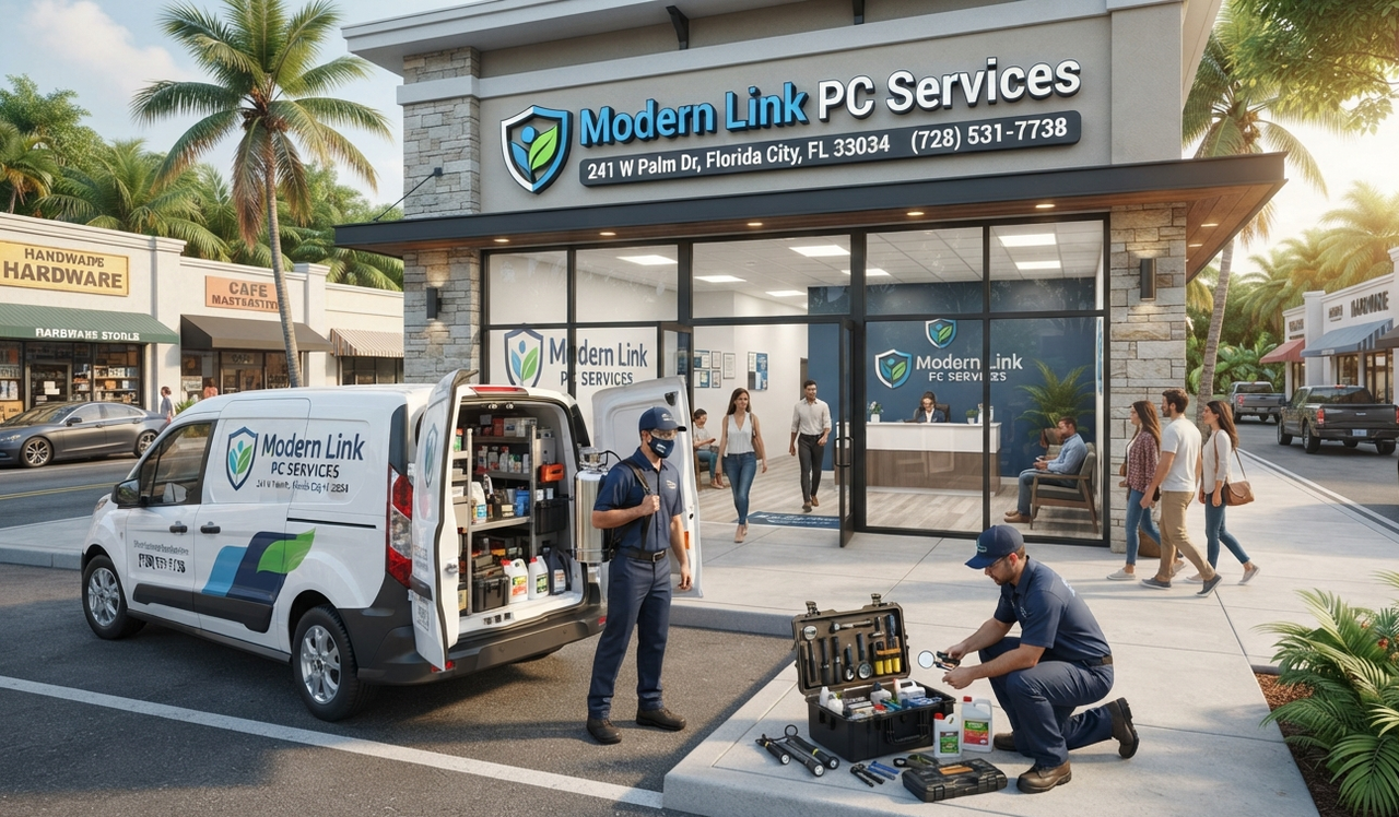Professional pest control technician inspecting a Florida home exterior