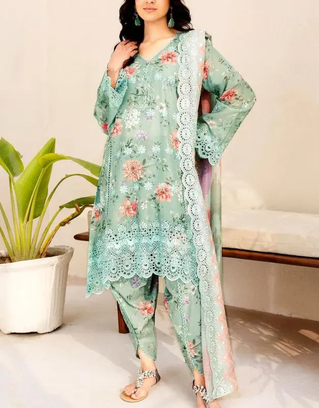All-Over Print Schiffli Embroidered Lawn Dress with Emb. Chiffon Dupatta
