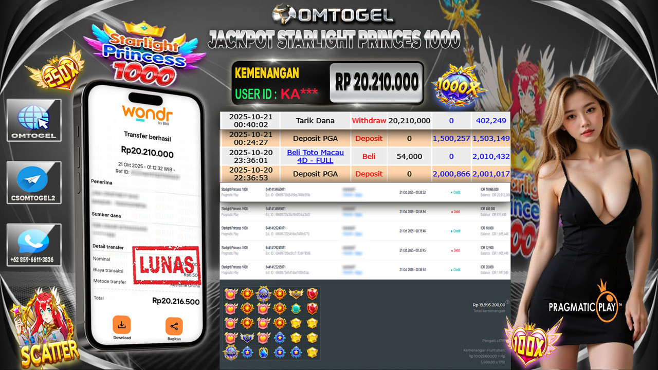 OMTOGEL JACKPOT PRAGMATIC PLAY STARLIGHT PRINCESS 1000 20 JUTA DI BAYAR LUNAS ,-