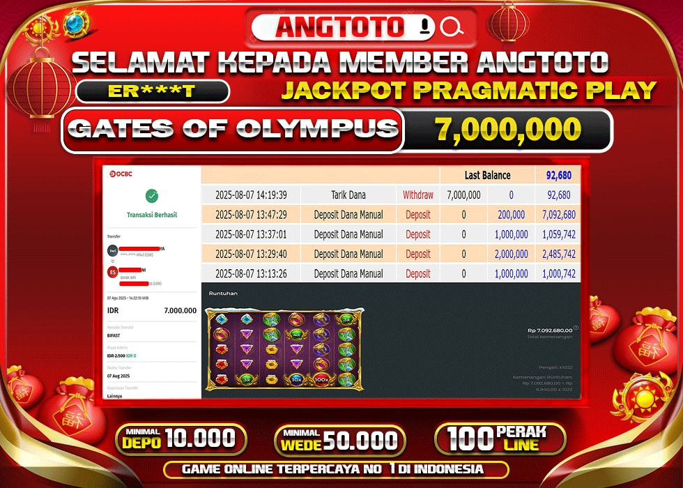 BUKTI PELUNASAN 7 AGUSTUS 2025 MENANG DI PERMAINAN GATES OF OLYMPUS TOTAL WD 7 JUTA