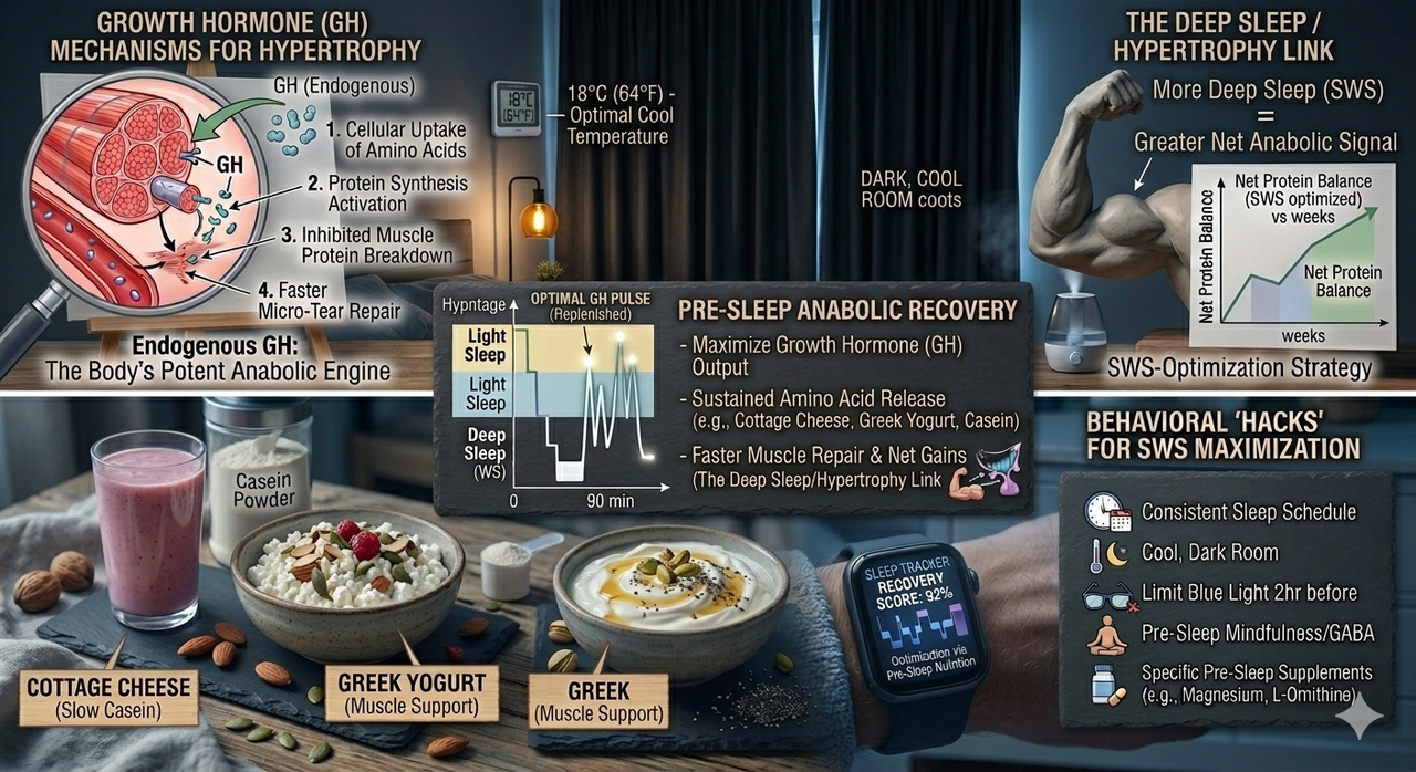 Chart showing optimal pre-sleep protein amounts and food sources for best natural sleep hacks for maximum hypertrophy