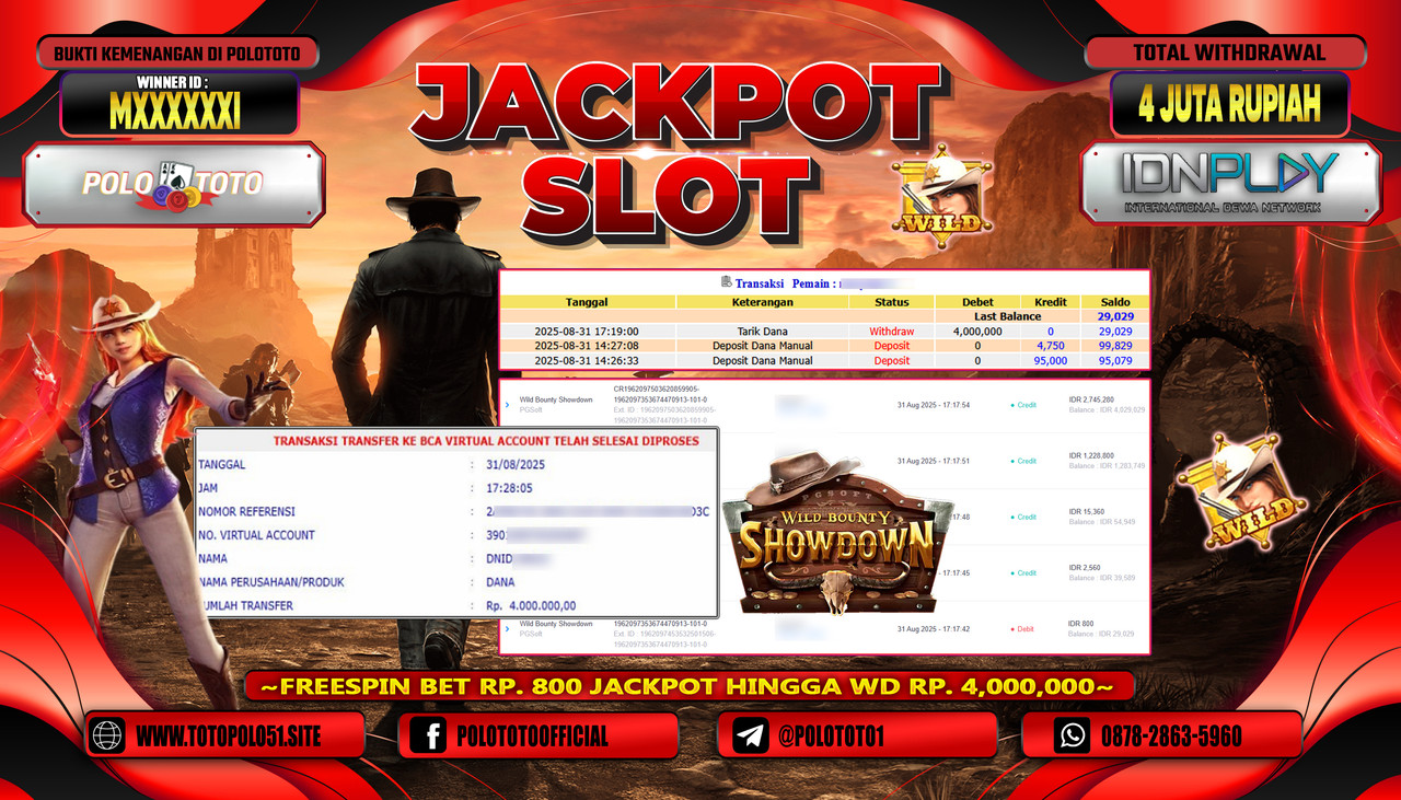POLOTOTO JACKPOT SLOT WILD BOUNTY SHOWDOWN Rp.4.000.000,- LUNAS