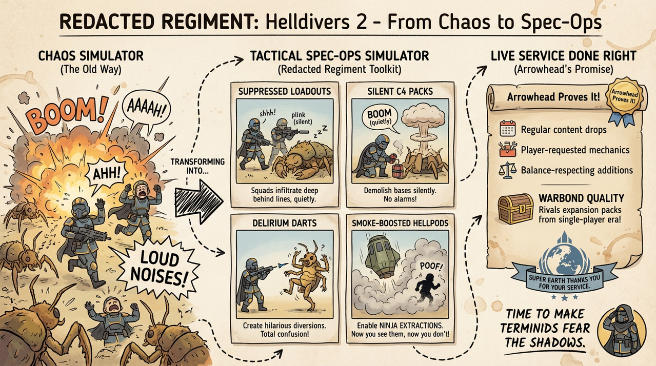 Helldivers squad in stealth armor infiltrating enemy base