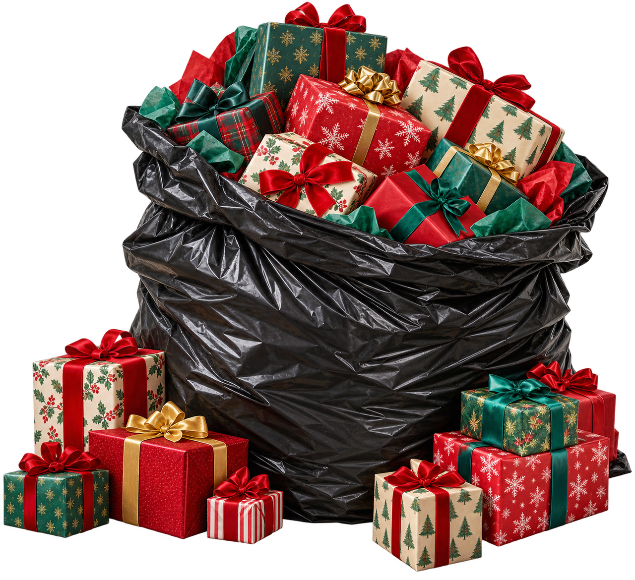 Black bag overflowing with wrapped Christmas presents
