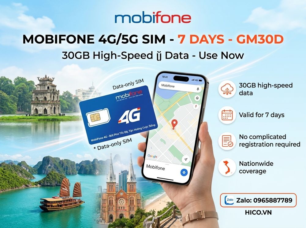 Sim du lịch 4G Mobifone GM30D 30GB sử dụng 7 ngày