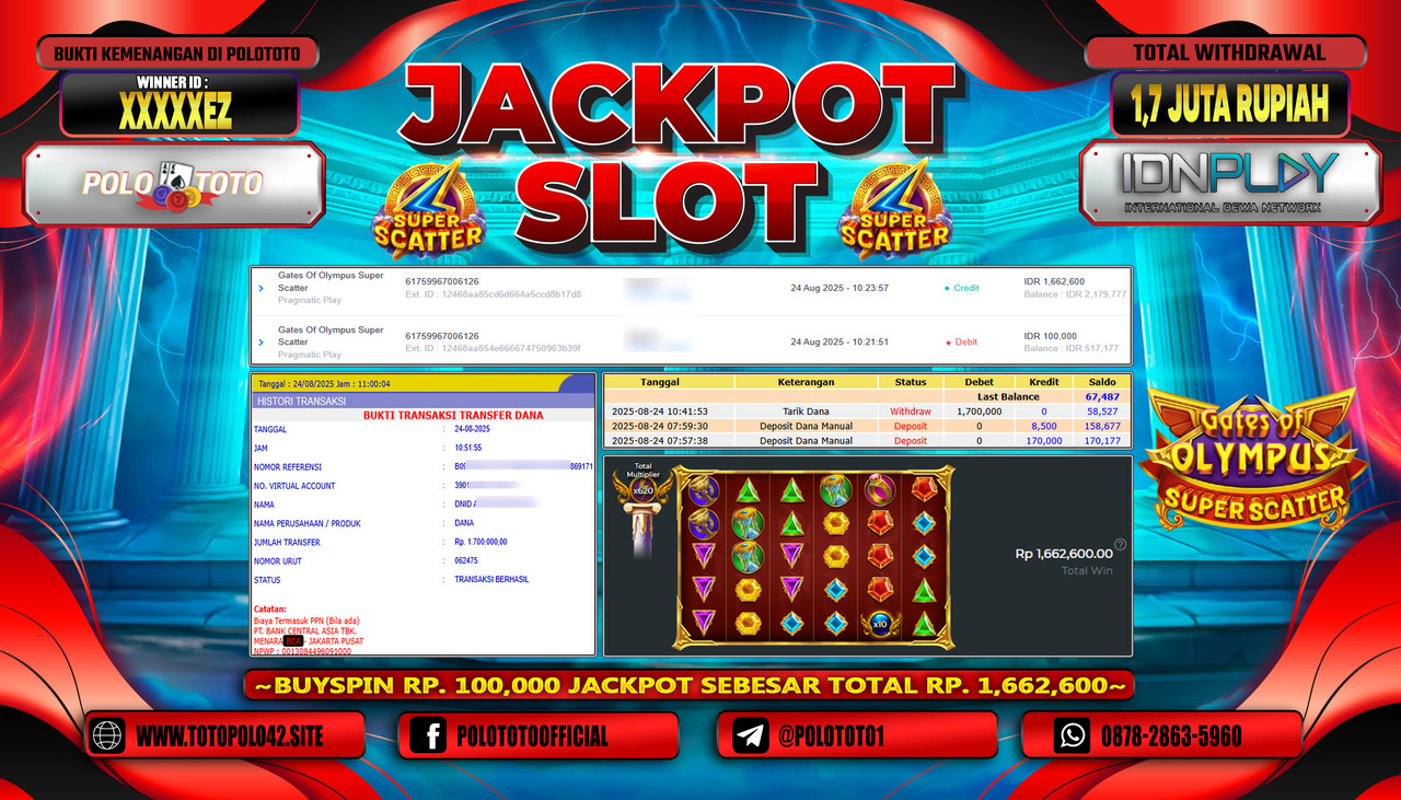 POLOTOTO JACKPOT SLOT GATES OF OLYMPUS SUPER SCATTER Rp.1.700.000,- LUNAS