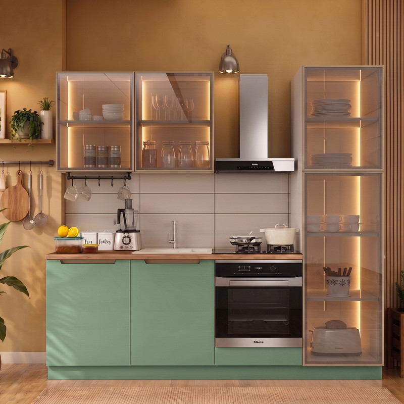 Hera 230 cm Mutfak Dolabı Seti %100 MDF Ledli Boy Dolaplı Fırın Modüllü Lavabolu Raflı Mutfak Dolabı Takımı 6 Modül Tezgah Dahil Yeşil Bej