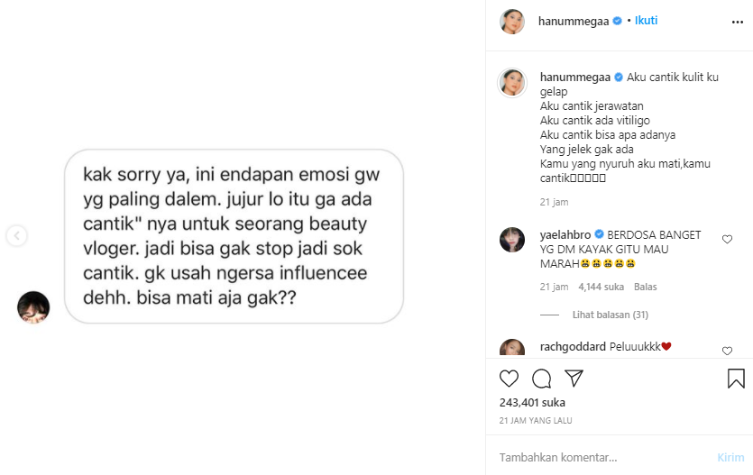 Isi DM dari haters yang ditujukan pada Hanum Mega