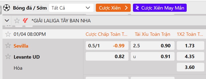 Tỷ lệ kèo Sevilla vs Levante