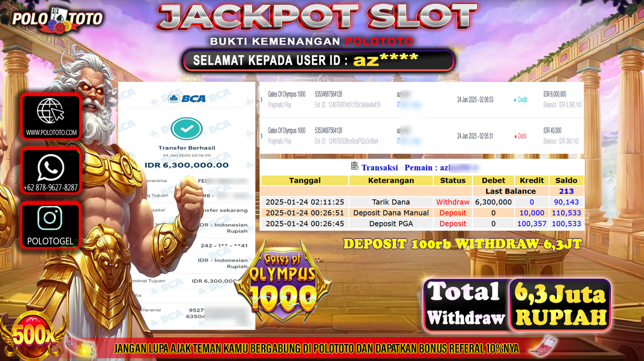 POLOTOTO JACKPOT SLOT GATES OF OLYMPUS 1000 Rp.6,300.000,-