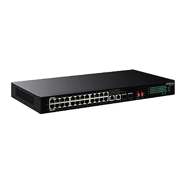 Switch Intelbras S1126F-HPA em visão angular, destacando portas PoE