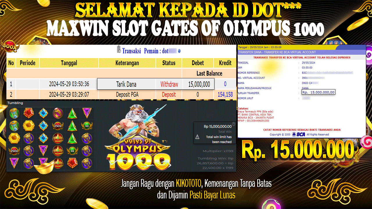 MAXWIN !!! MENANG BELASAN JUTA DI SLOT GATES OF OLYMPUS 1000 SEBESAR Rp 15,000,000 LANGSUNG DI BAYAR KIKOTOTO !!!!