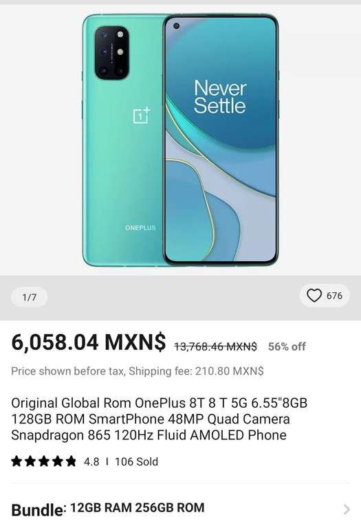 AliExpress: Celular OnePlus 8T 12GB RAM 256GB 
