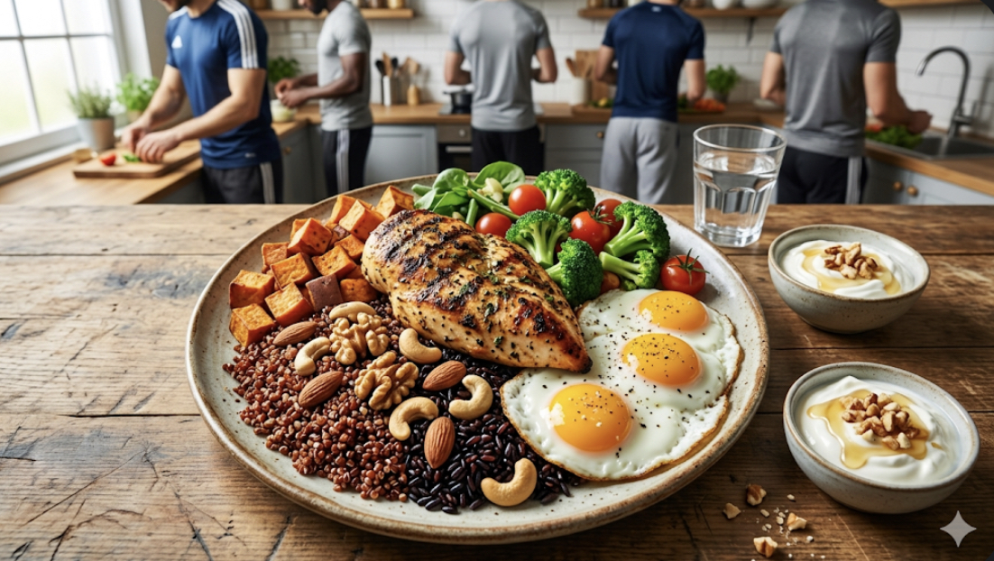 High-calorie bulking meal with chicken, rice, eggs, nuts for skinny guy muscle gain plan