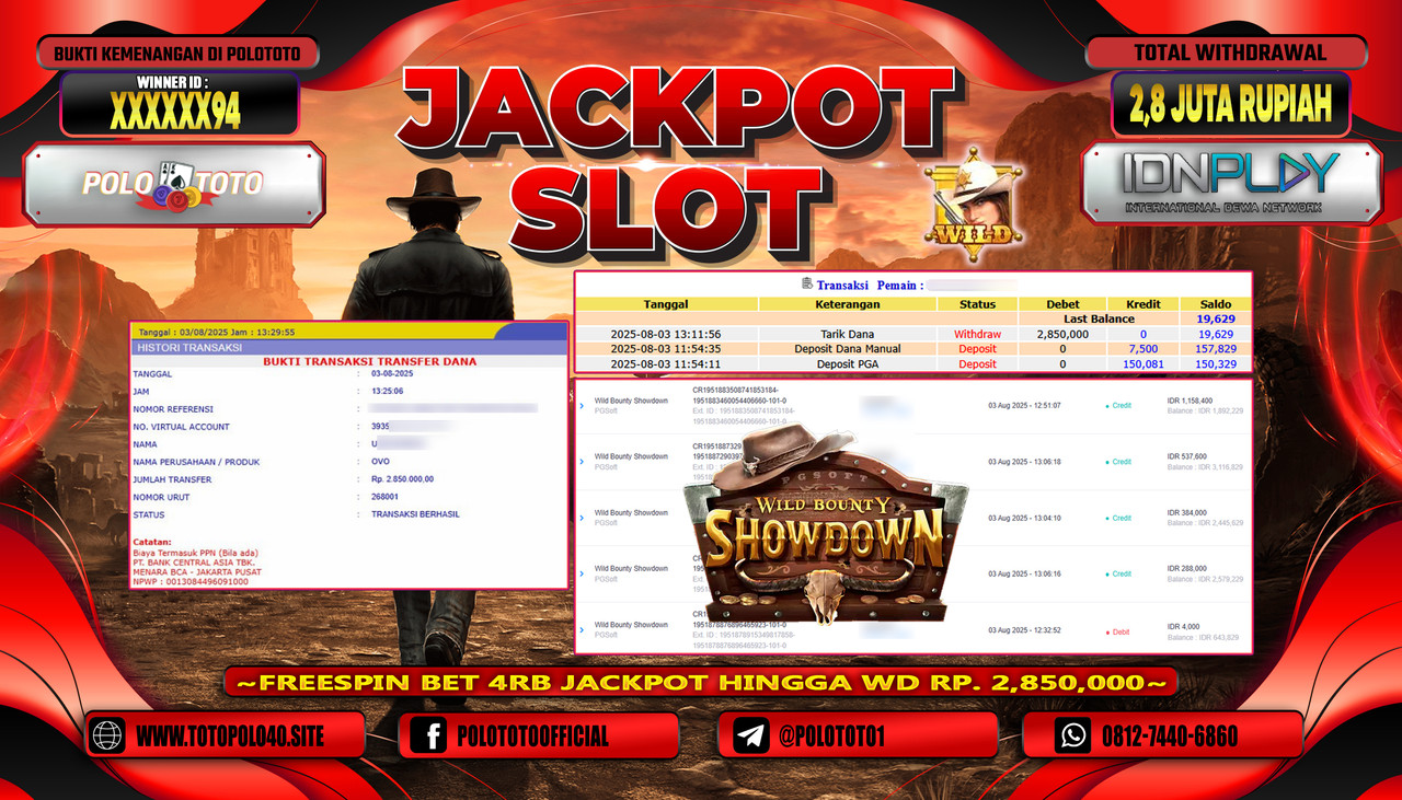 POLOTOTO JACKPOT SLOT WILD BOUNTY SHOWDOWN Rp.2.800.000,-LUNAS