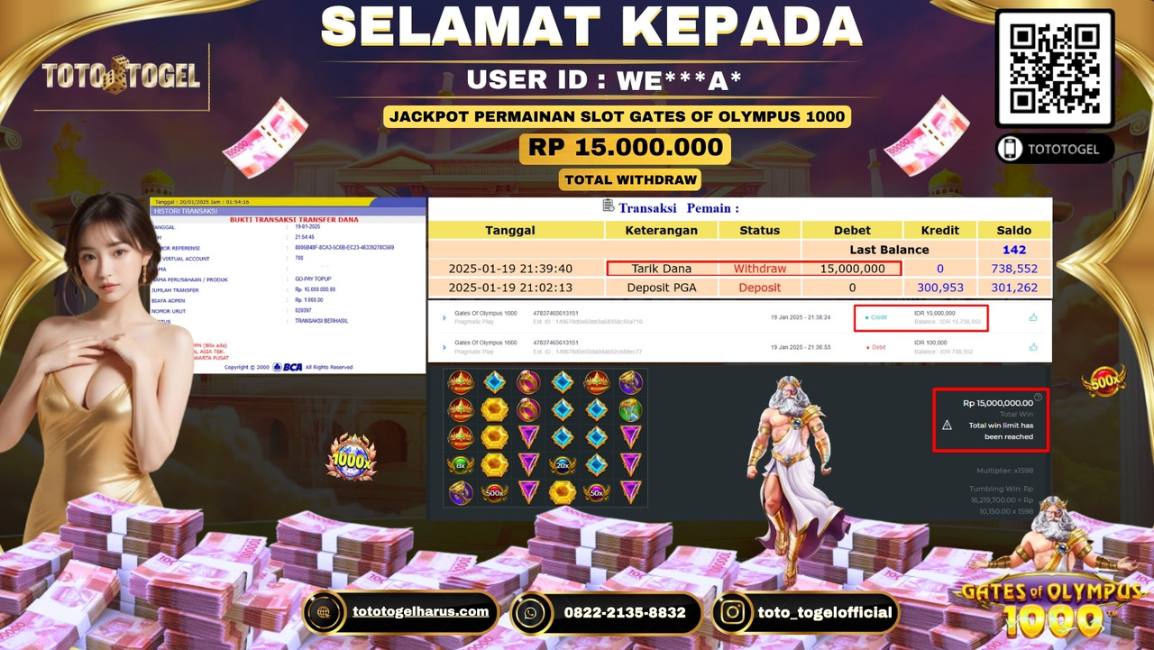 Bukti Pembayaran Jackpot  Permainan Slot Gates Of Olympus 1000  :WE***A*  LUNAS