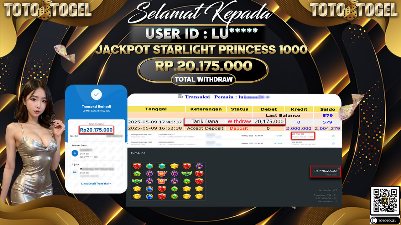 Bukti Pembayaran Jackpot  Permainan Slot Starlight Princess 1000 ID:LU***** LUNAS