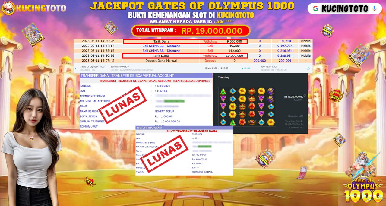 KUCINGTOTO JACKPOT SLOT GATES OF OLYMPUS 1000 RP.19.000.000.,- LUNAS